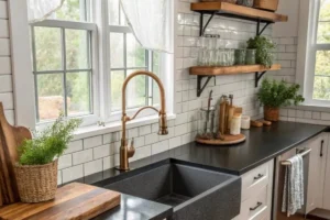 a mobile home kitchen with decorative curtain and potted plants