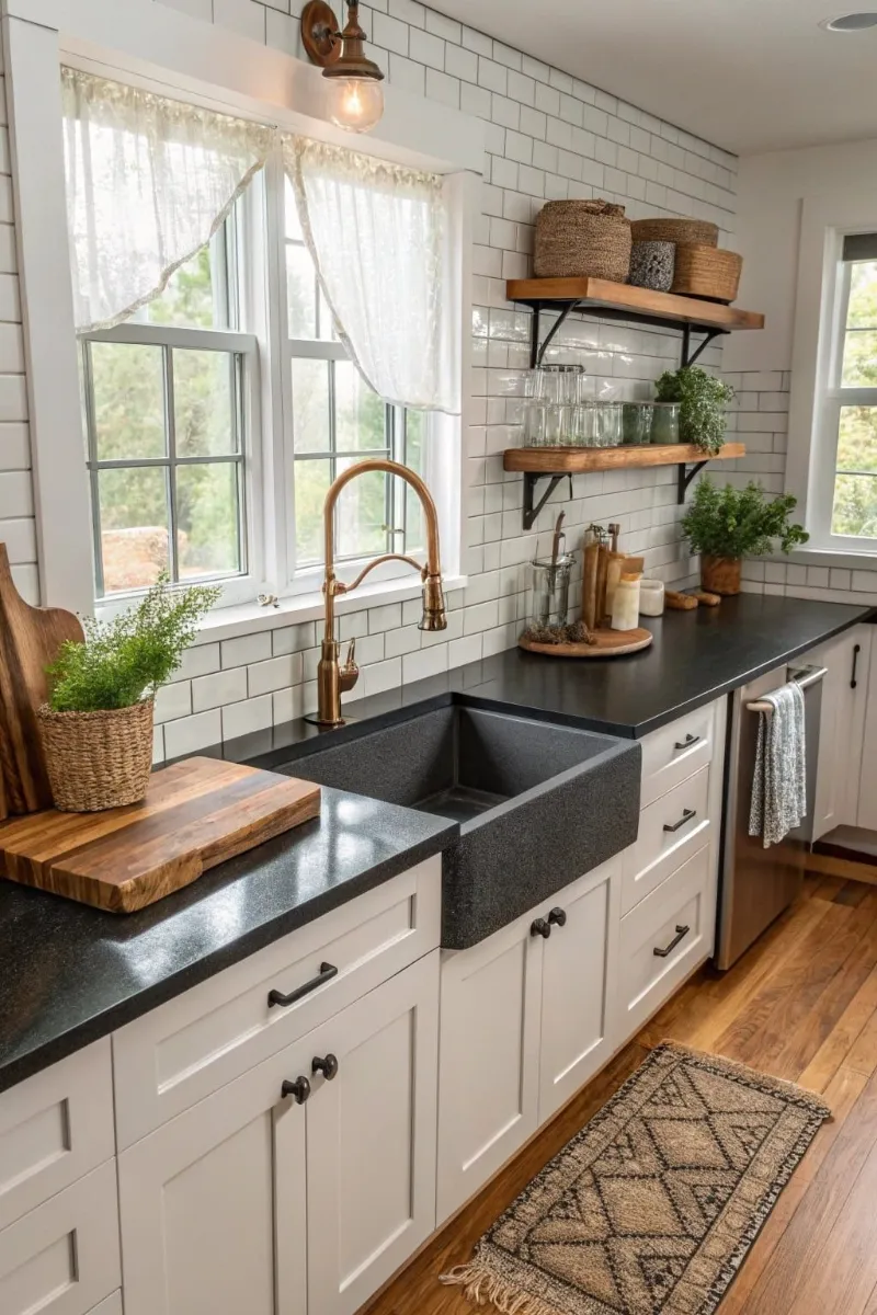 mobile home kitchen ideas with decoration curtain and potted plants