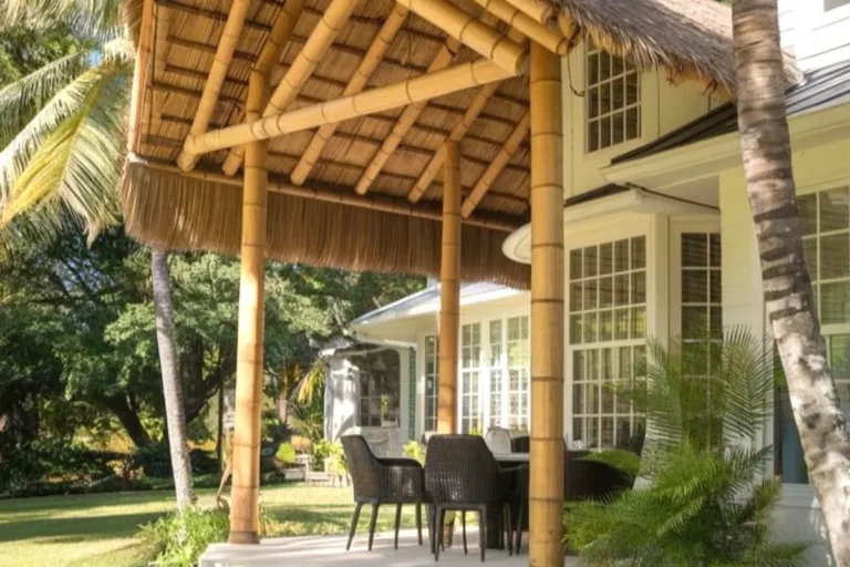 a patio with bamboo reed covering as roof