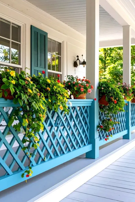 porch railing ideas with blue lattice railing