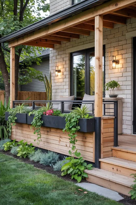 porch railing ideas with mixed material wood and iron