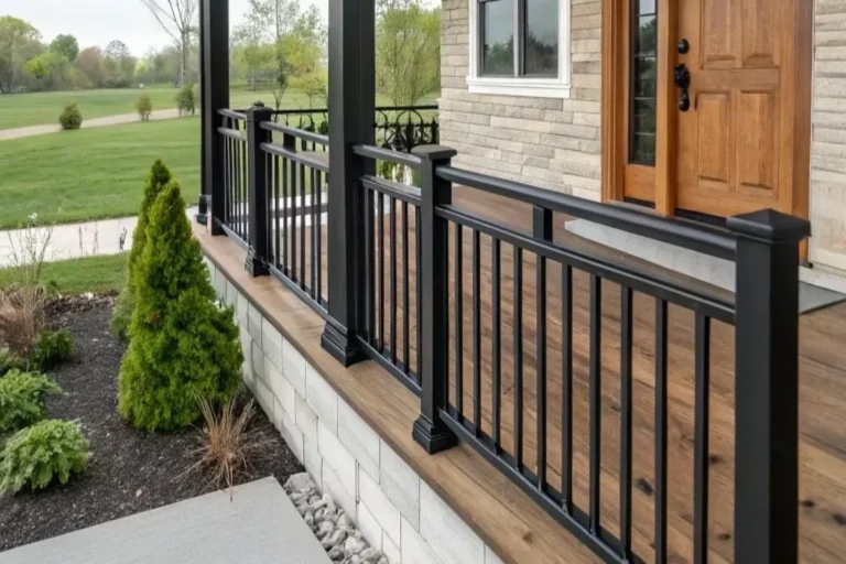 a porch with modern metal railings