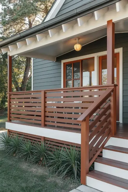 porch railing ideas with natural wood railing