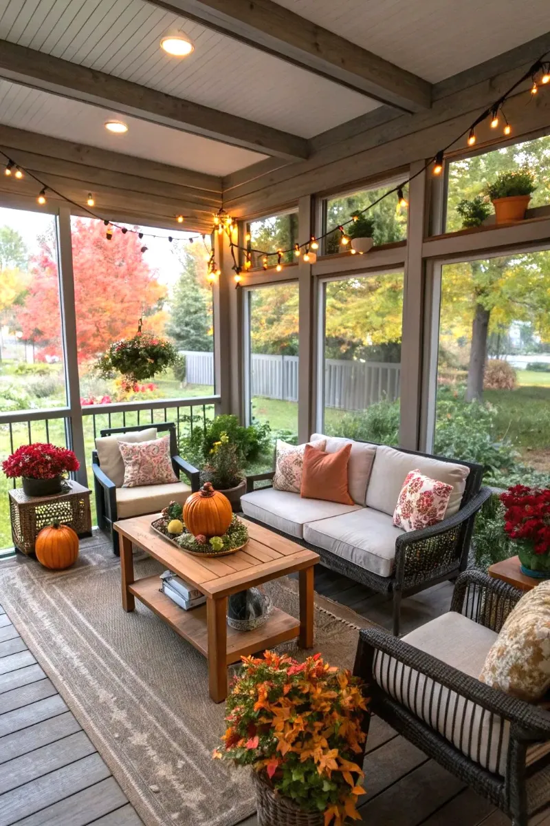 screen porch ideas with colorful flowers, string light, and cozy seating