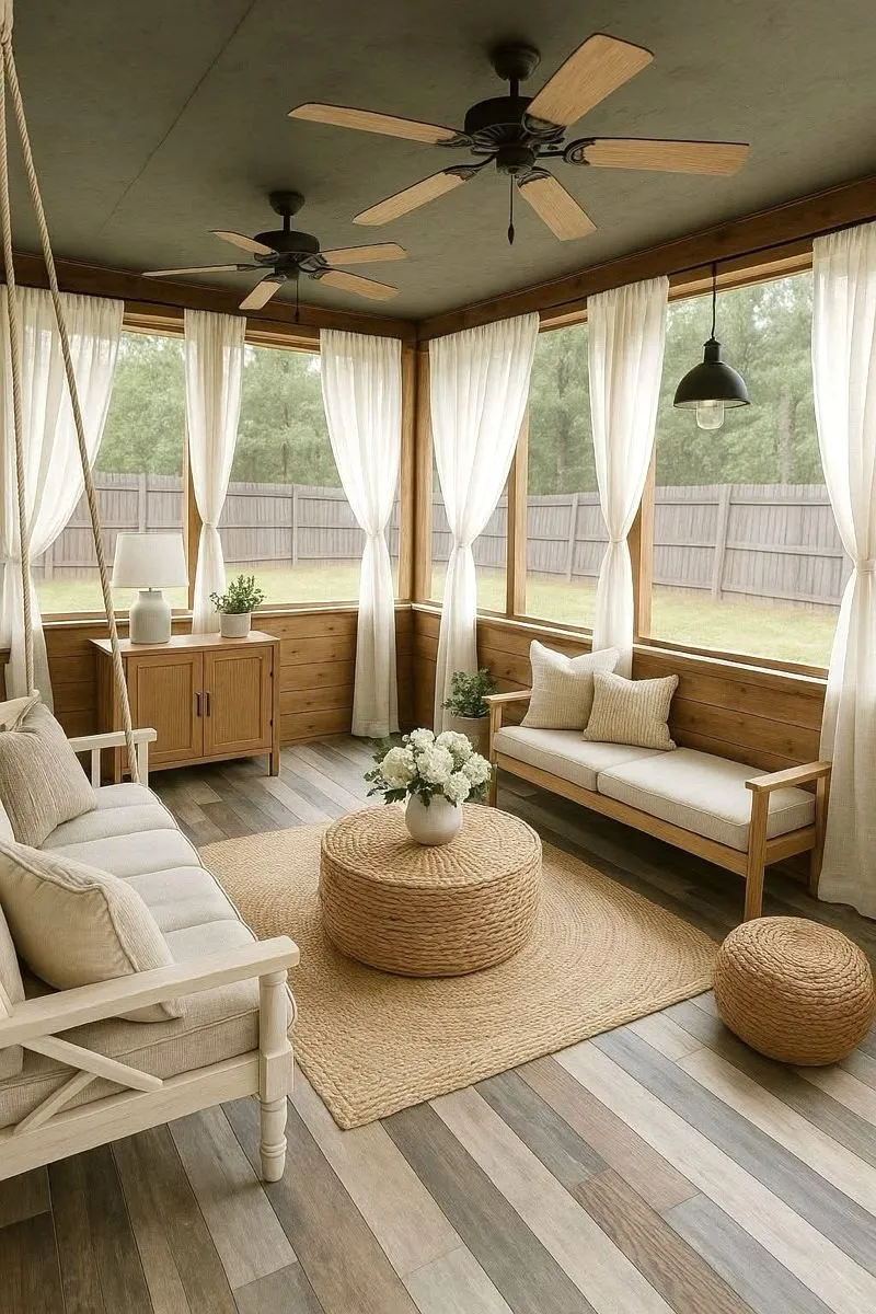 screen porch ideas with curtains, fans, and natural furnitures