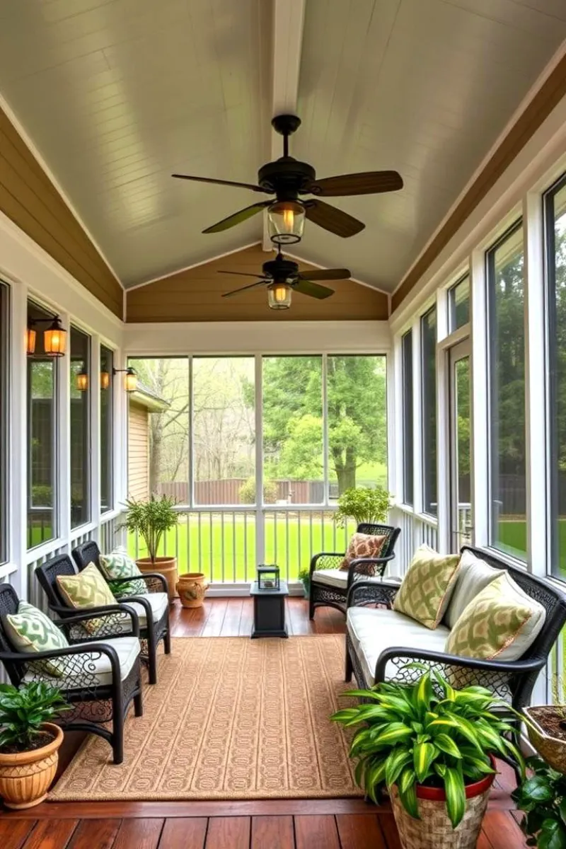 screen porch ideas with fans, sofa, and rug