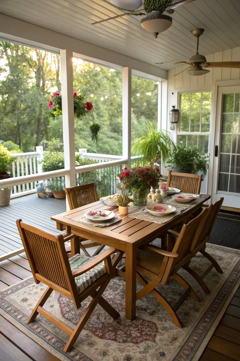 screen porch ideas with foldable chairs as dining area