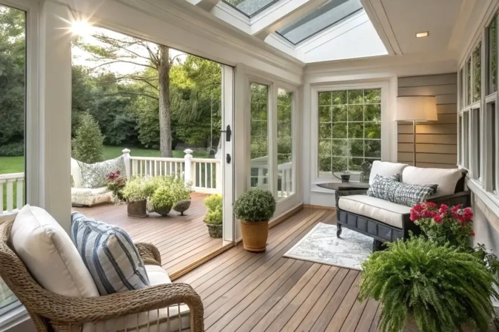 screen porch ideas with skylight, glass window, and cozy seating zone