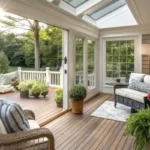 screen porch ideas with skylight, glass window, and cozy seating zone
