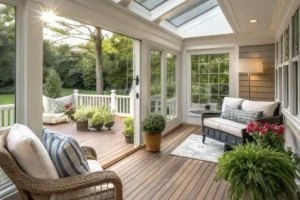 a screen porch with skylight, glass window, and cozy seating zone