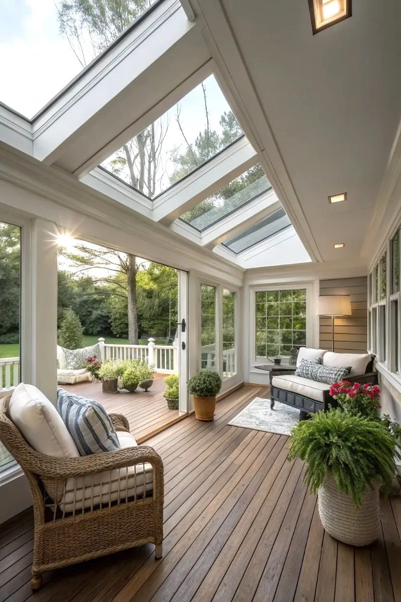 screen porch ideas with wooden decking, glass window skylight