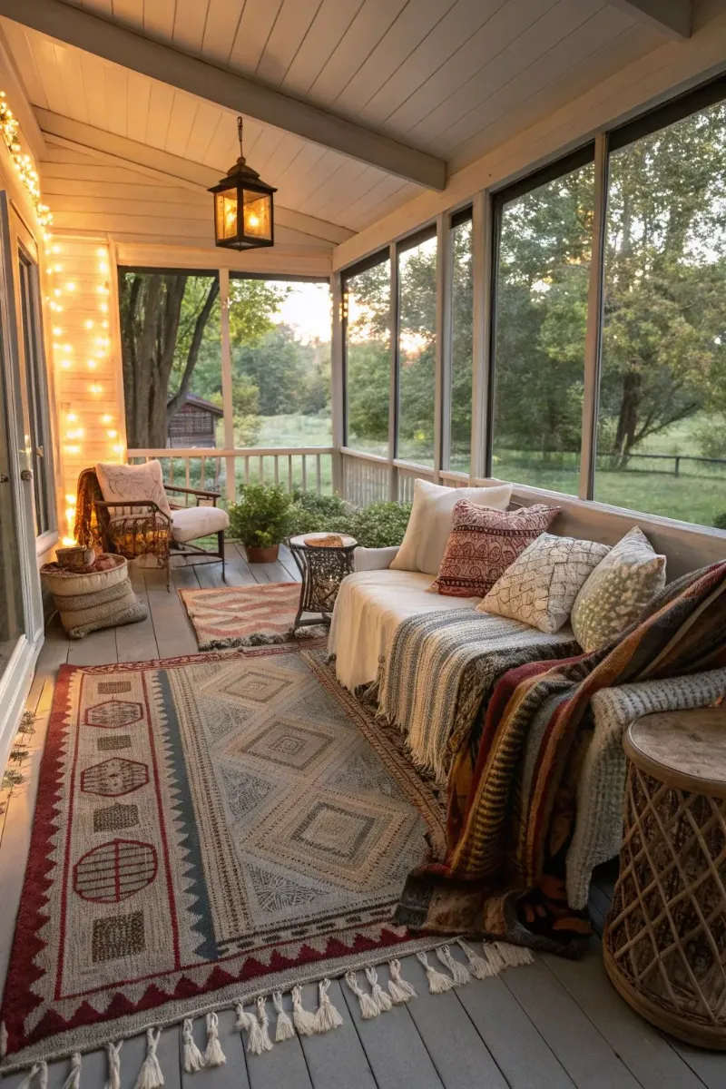 screen porch ideas with string lighting and lantern