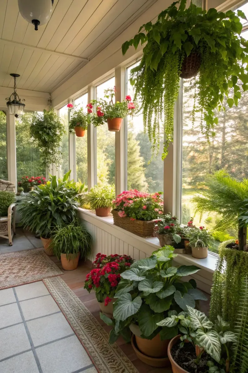 screen porch ideas with hanging plants and potted flowers