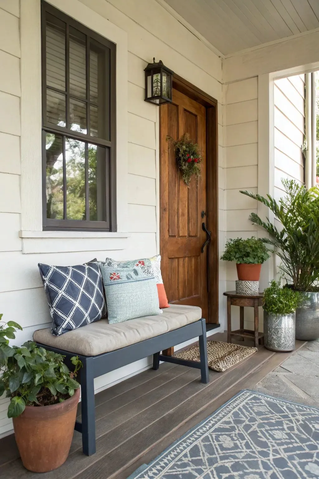 small front porch ideas with rug and  cushions