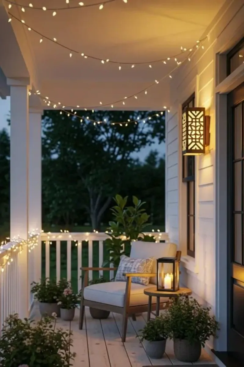 small front porch ideas with string lights and lanterns