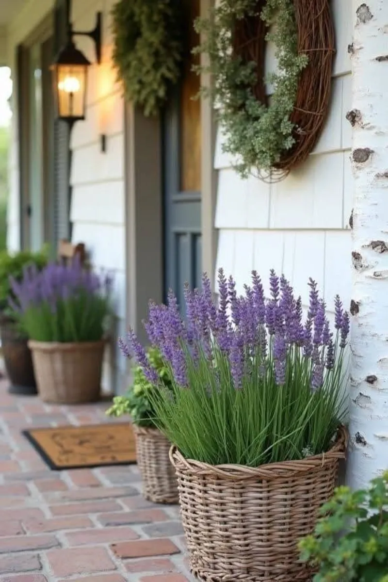 small front porch decor ideas with basket planters