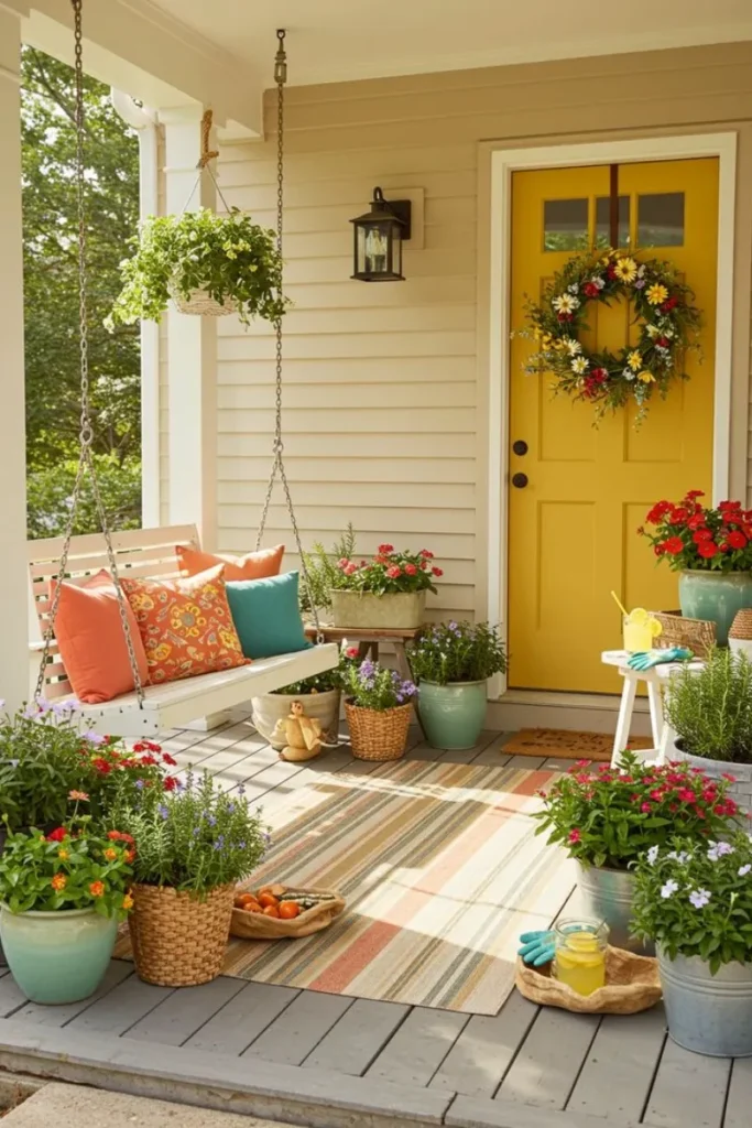 small front porch decor ideas with colorful door cushions
