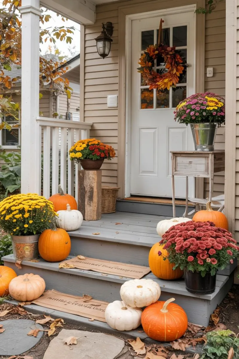small front porch decor ideas with seasonal pumpkins