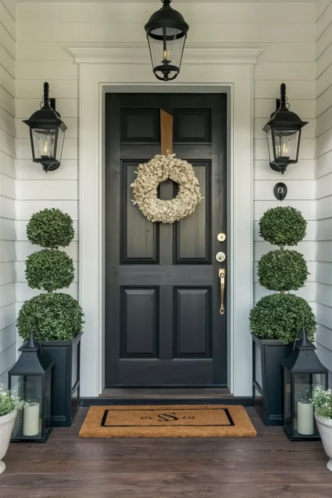 small front porch decor ideas with symmetry plants