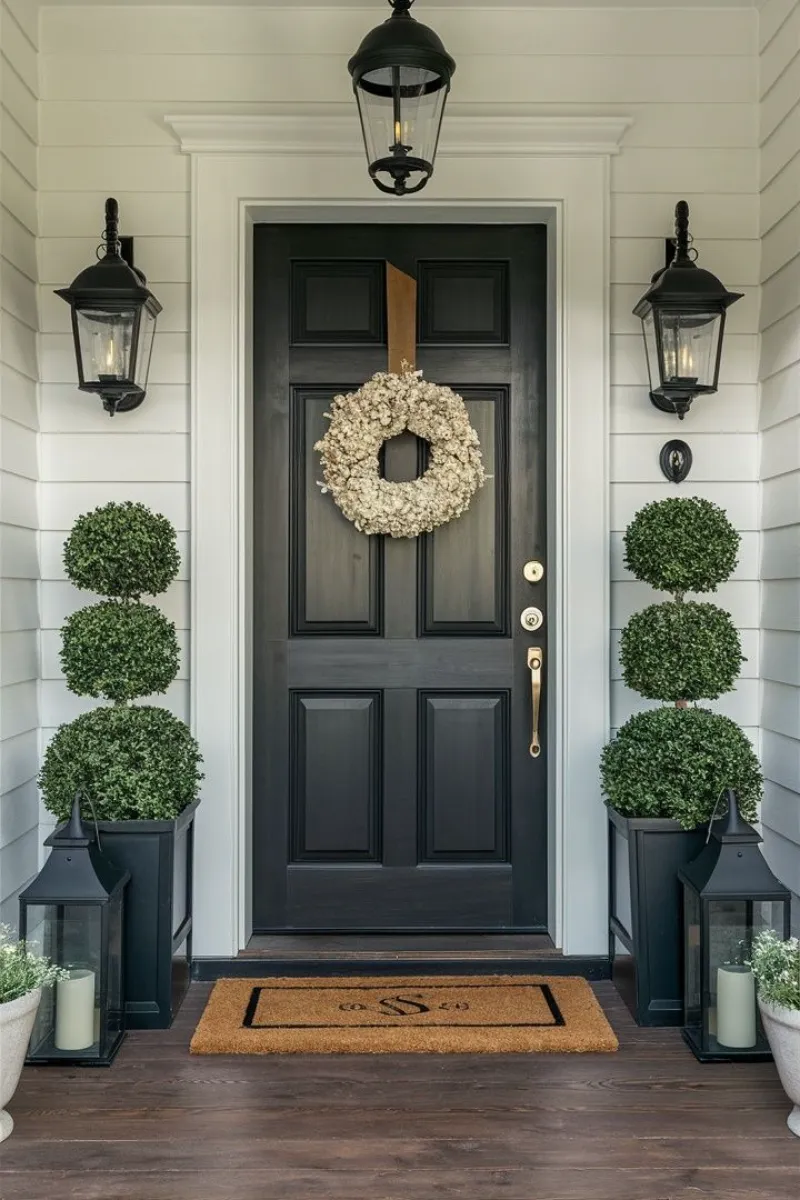 small front porch decor ideas with symmetry plants