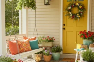 a small front porch decorated with colorful door and cushions