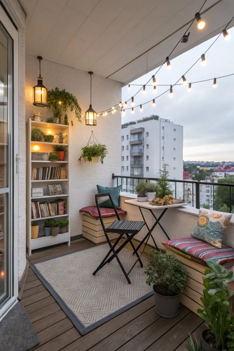 balcony decoration ideas with book shelf and lanterns
