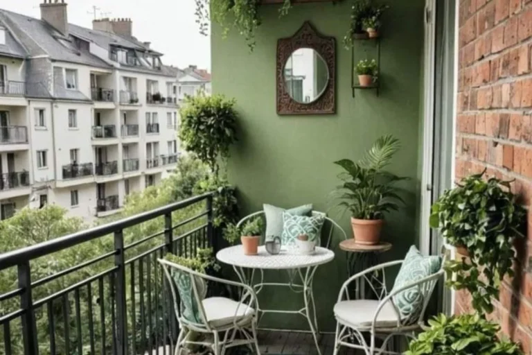 a balcony decorated in olive green