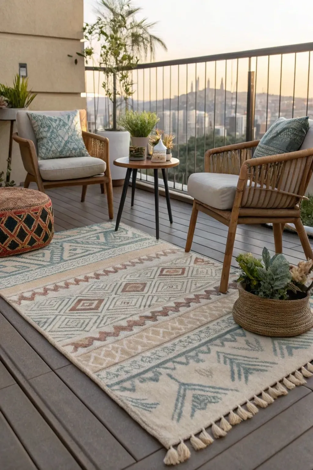 balcony decoration ideas with outdoor rug and pillows