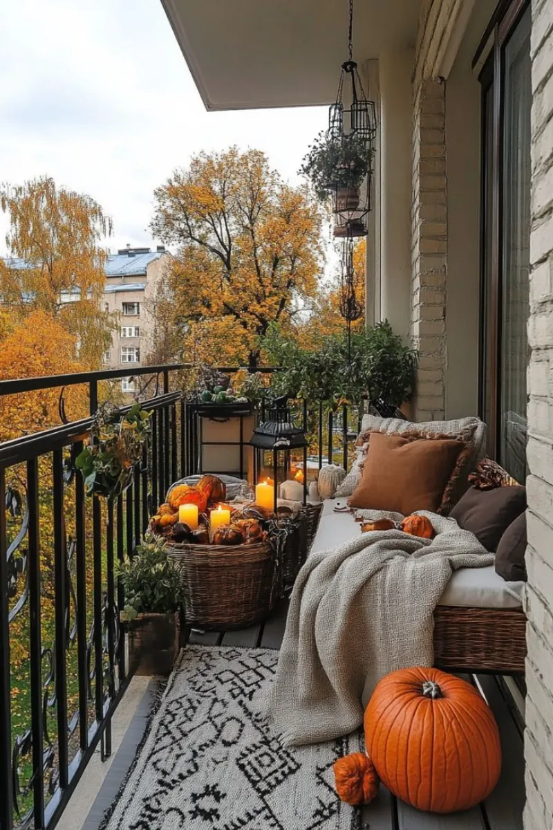 balcony decoration ideas with seasonal accessories such as pumpkin