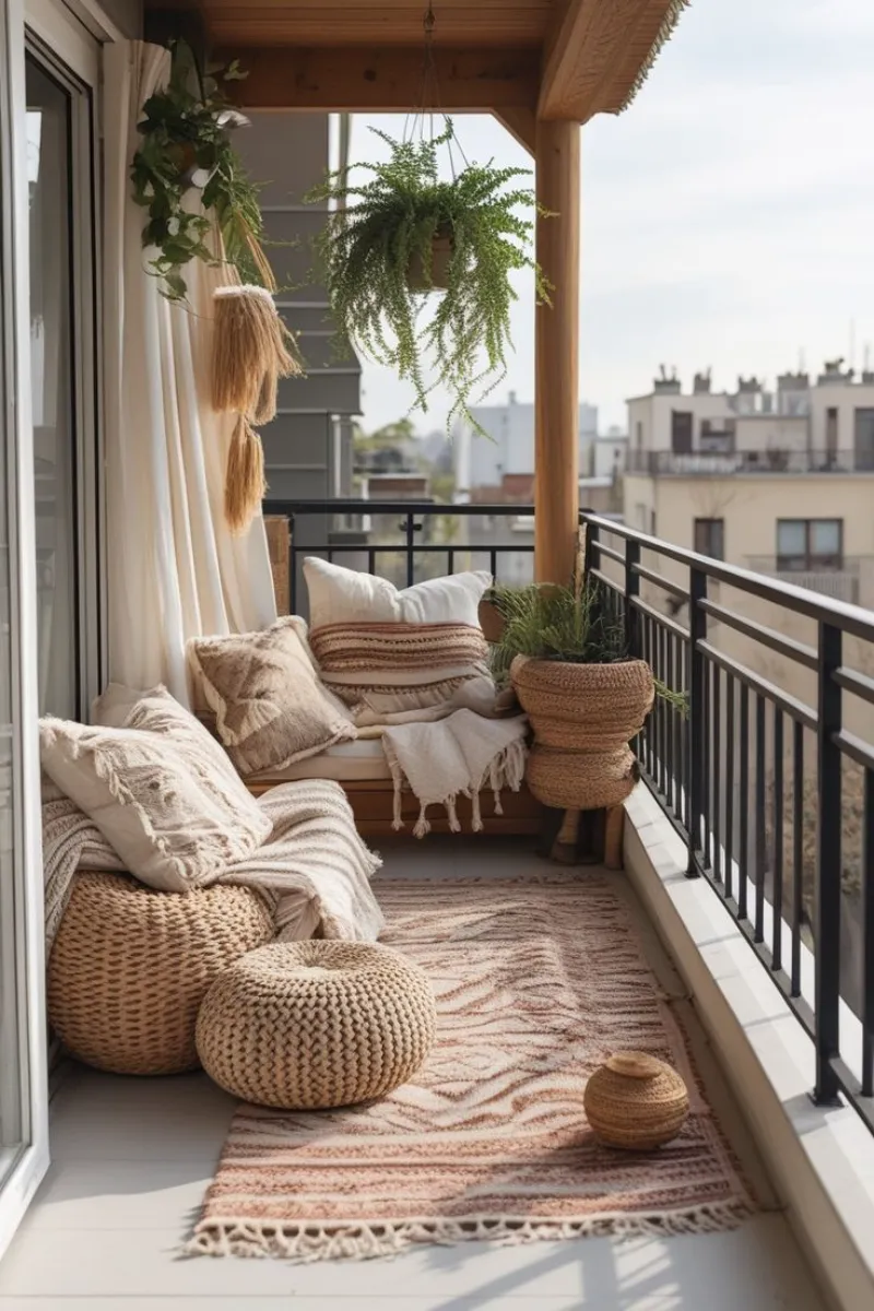 balcony decoration ideas with woven furnitures in boho style