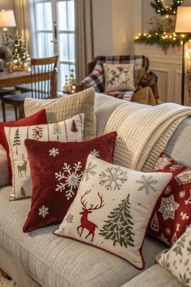 christmas living room decor ideas with blankets and pillows