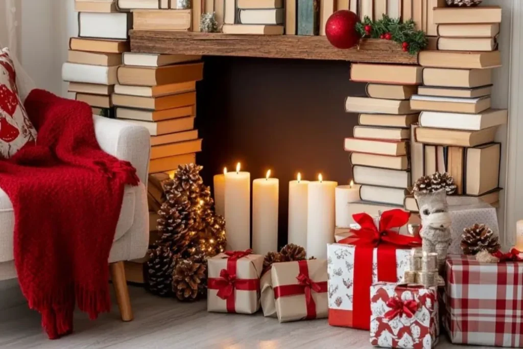 christmas living room decor ideas with a diy fireplace made with books