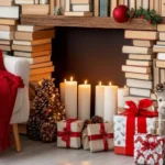 christmas living room decor ideas with a diy fireplace made with books
