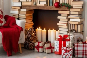 christmas living room decor ideas with a diy fireplace made with books