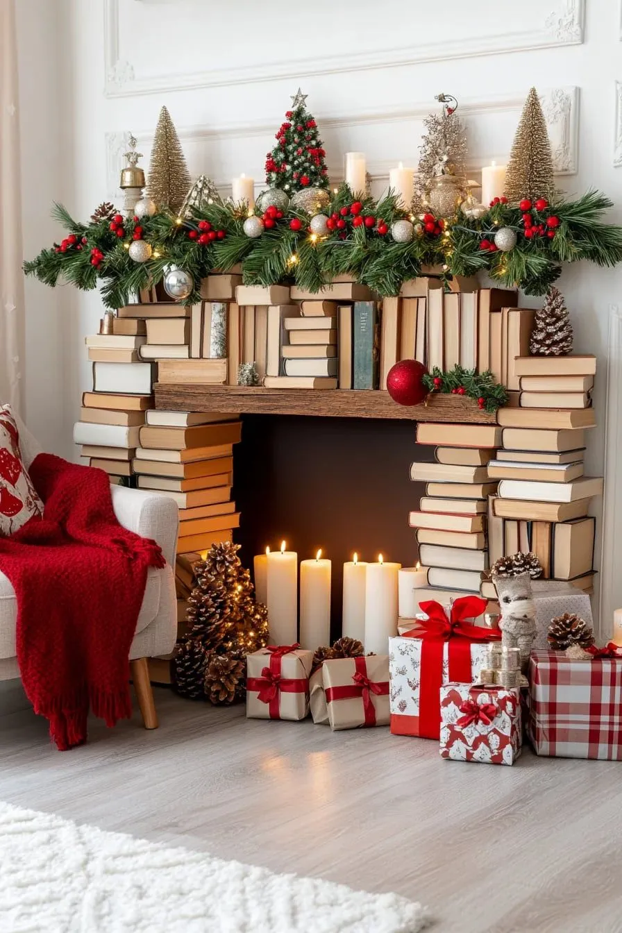 christmas living room decor ideas with a diy fireplace made with books