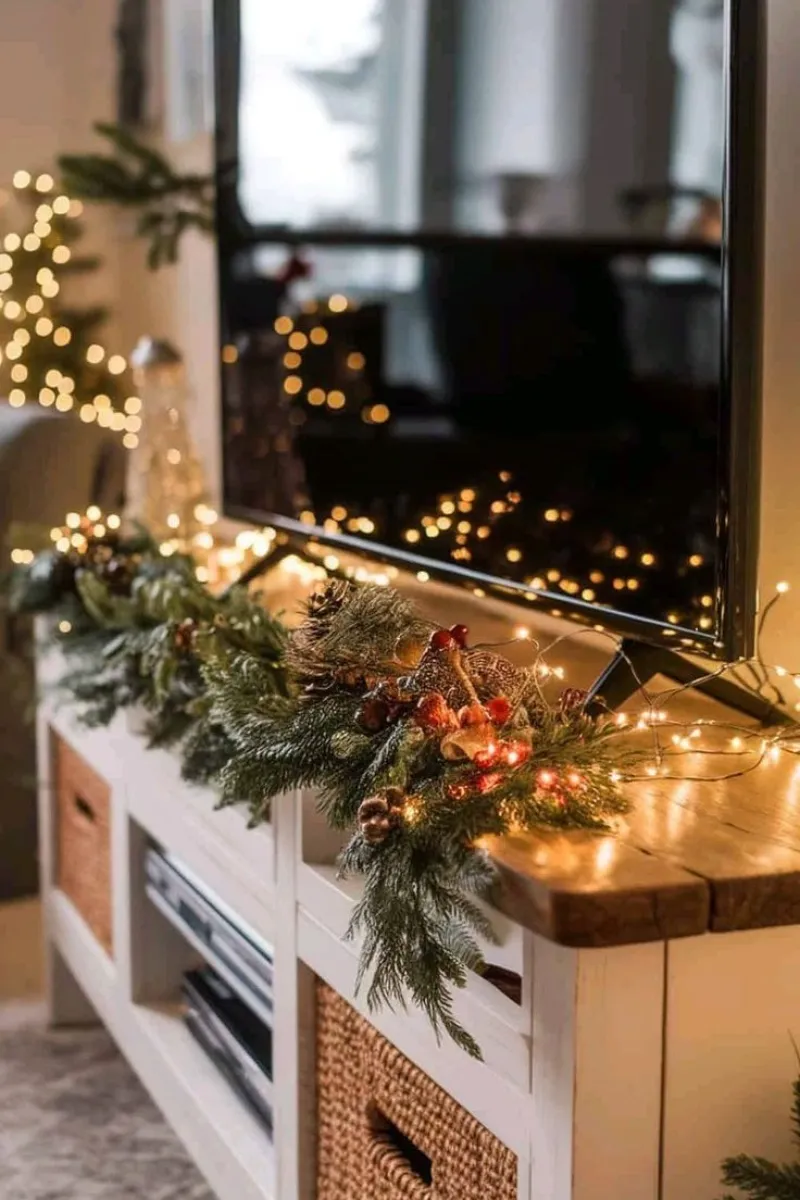 christmas living room decor ideas with greenery near the television