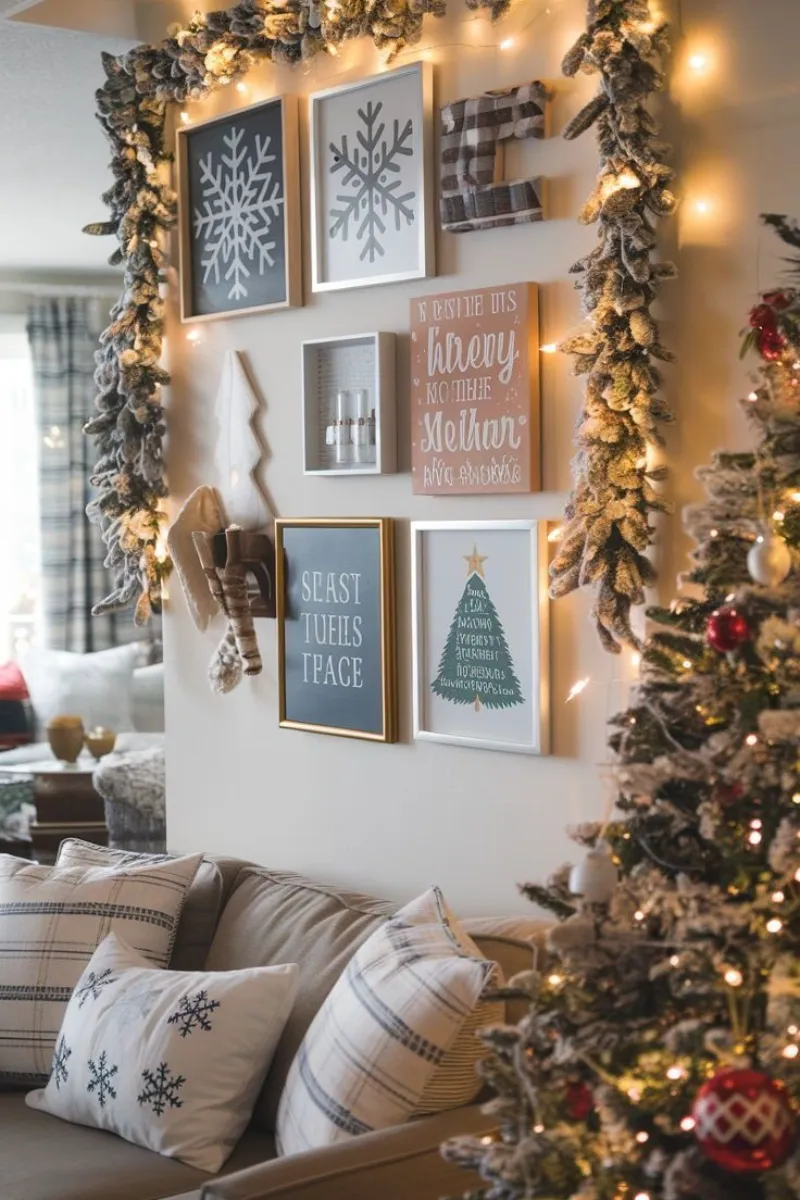 christmas living room decor ideas with holiday painting and string lights
