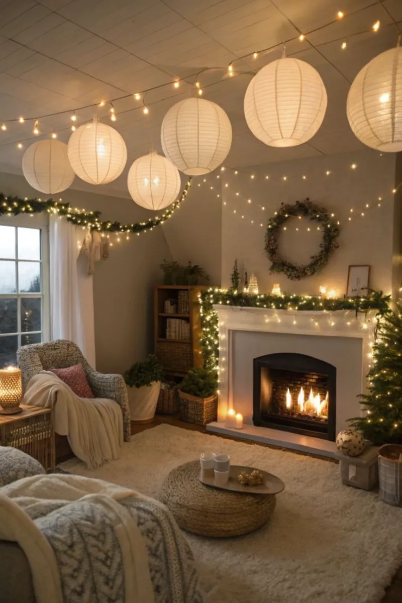 christmas living room decor ideas eith string lights