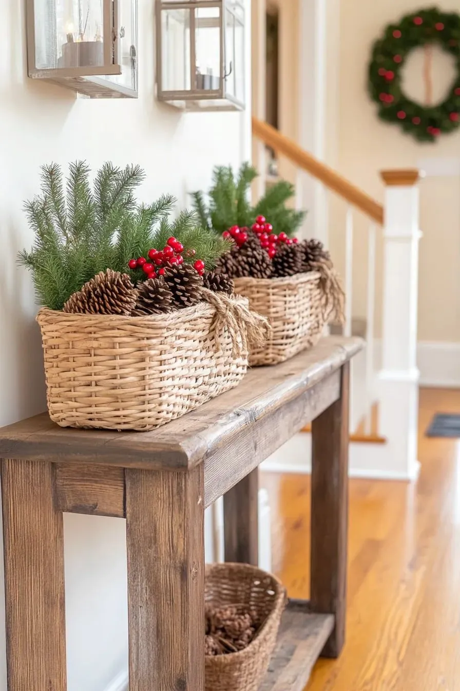 christmas living room decor ideas with pine cones in woven baskets 