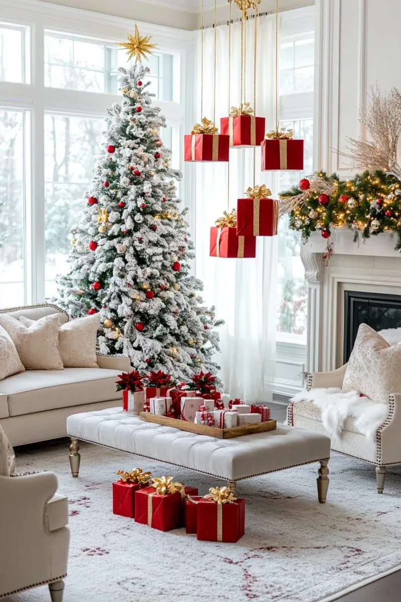 christmas living room decor ideas with wrapped faux gift boxes