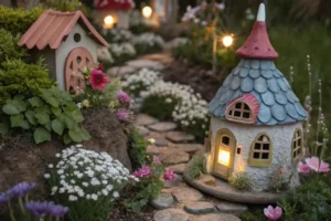 a fairy garden with string light and small houses