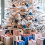 flocked christmas tree decorating ideas in blue and pink color