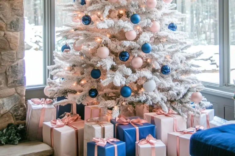 flocked christmas tree decorating ideas in blue and pink color