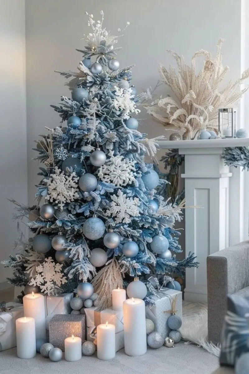 flocked christmas tree decorating ideas in blue and silver color