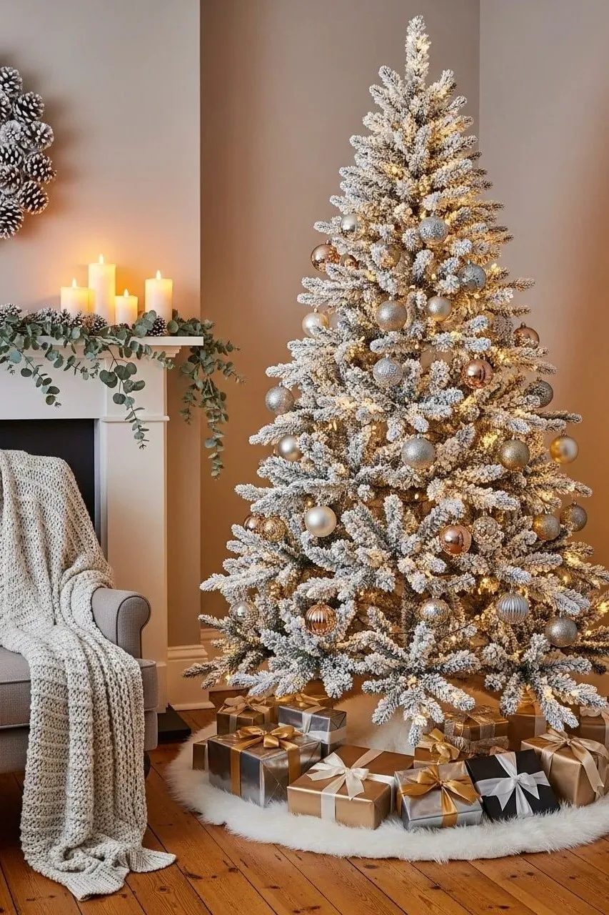flocked christmas tree decorating ideas classic white silver