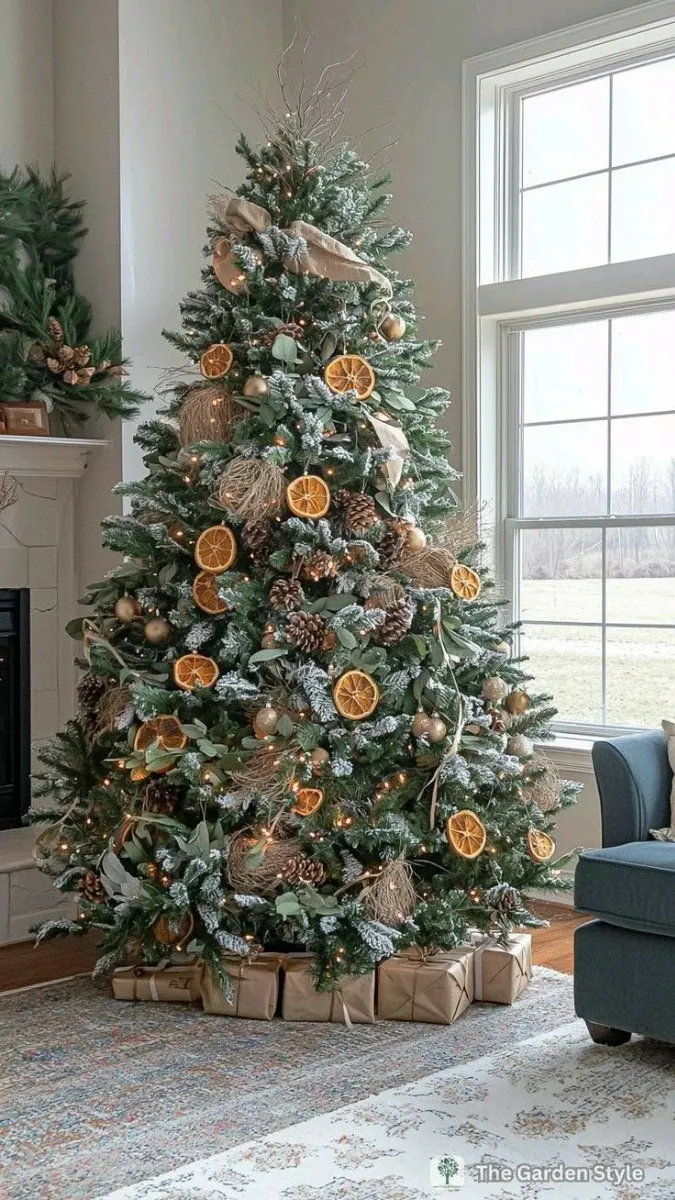 flocked christmas tree decorating ideas with dried oranges