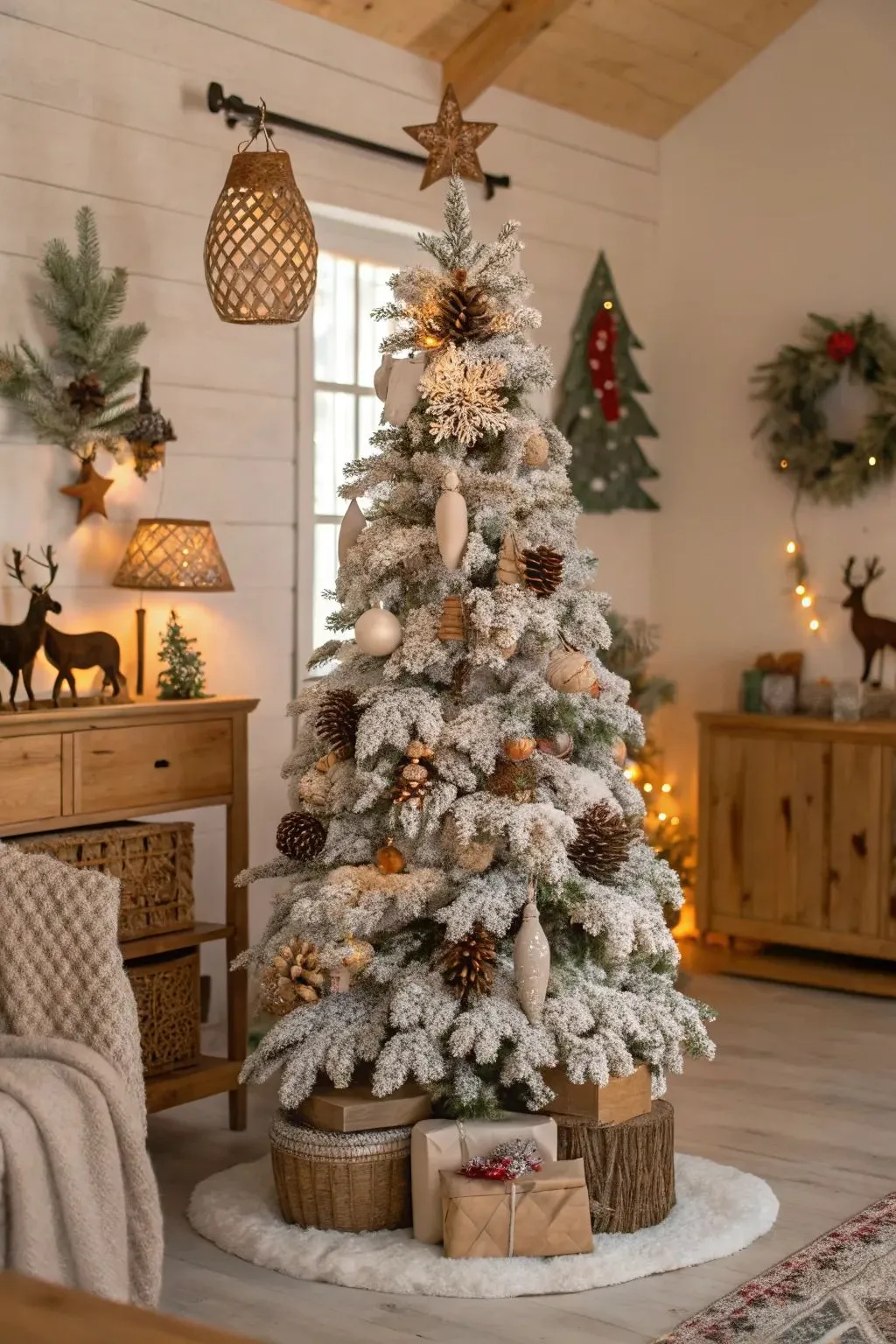 flocked christmas tree decorating ideas in farmhouse pinecones style