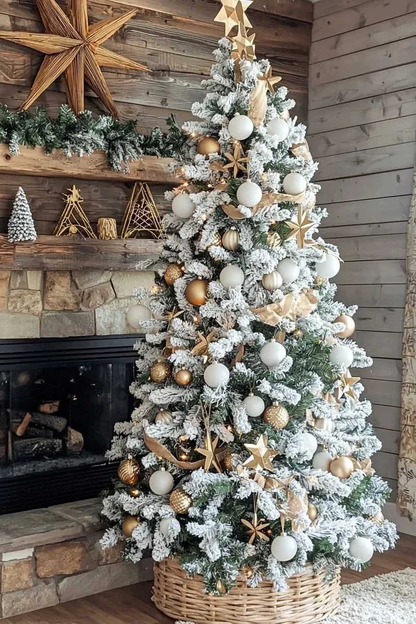 flocked christmas tree decorating ideas in minimalist scandinavian style