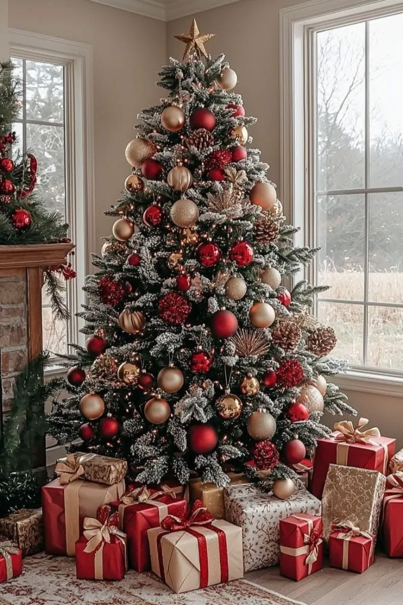 flocked christmas tree decorating ideas in red and gold color