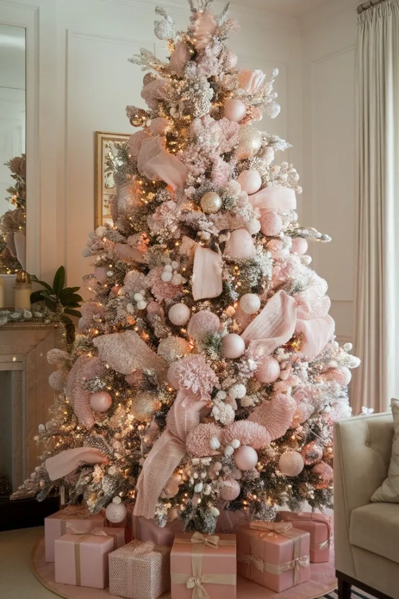 flocked christmas tree decorating ideas in rose gold and blush color
